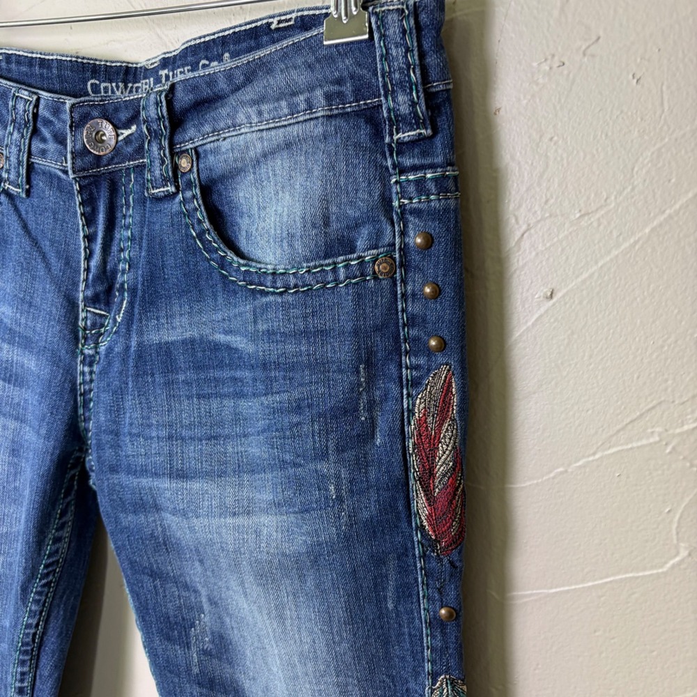 Cowgirl Tuff Bootcut Jeans Blue Feather Embroidered Western Rodeo W28 L32 JBVWGS - Picture 5 of 16
